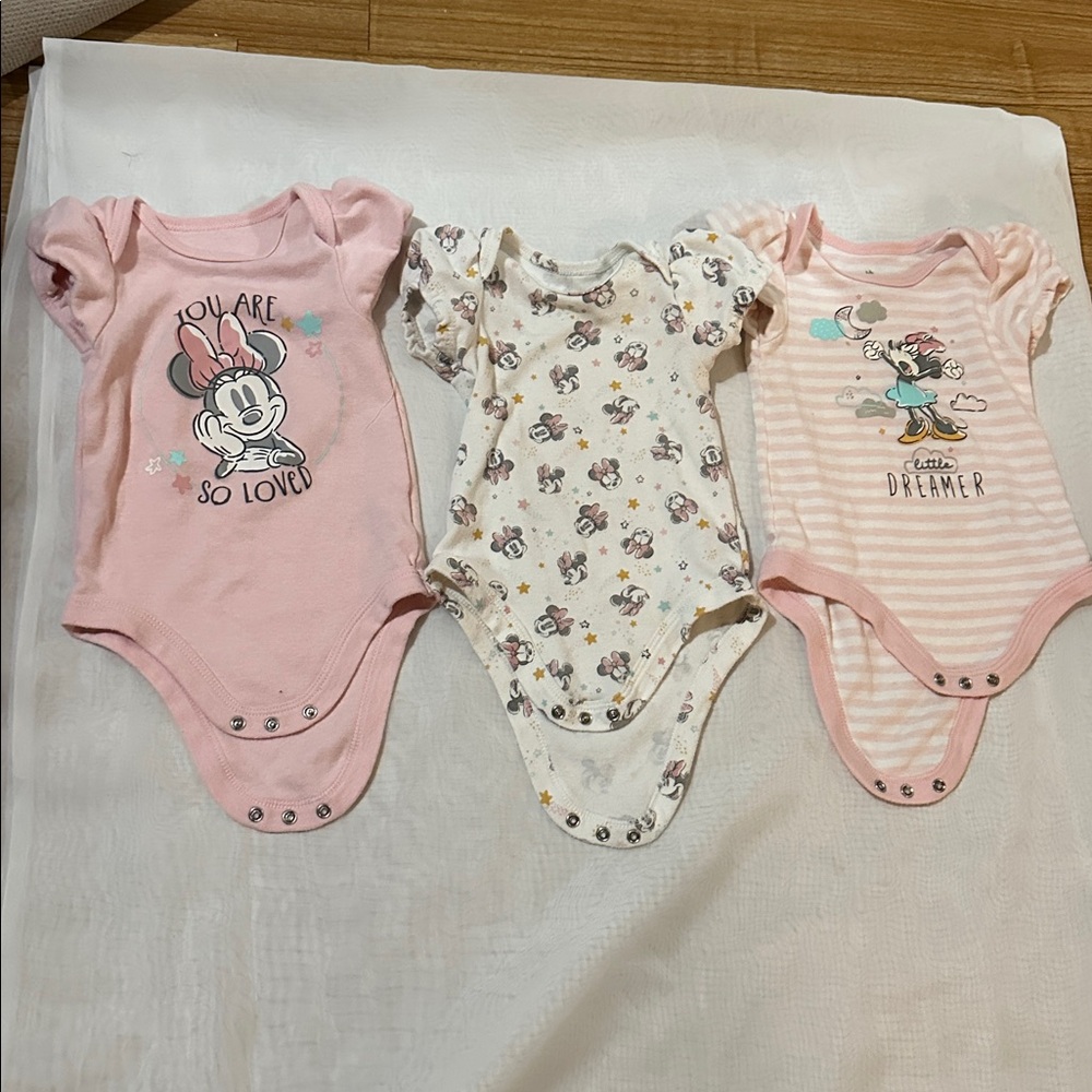 Baby Girls' Minnie Mouse Pink & Cream One-Piece Bodysuits - 3 Pack